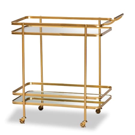 Baxton Studio Destin Modern Glam Brushed Gold Finished Metal and Mirrored Glass 2-Tier Mobile Wine Bar Cart 181-11196-Zoro